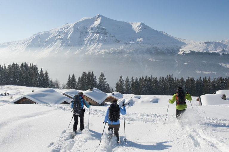Un groupe de personne fait une randonnée en raquette à neige lors d'une journée ensoleillée.